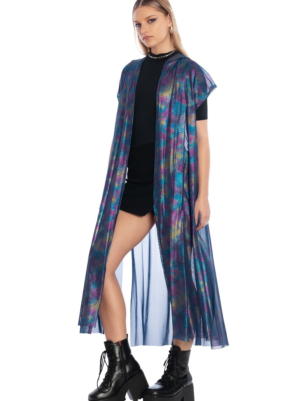 Ocean Gleam Sleeveless Wrap Robe - Sheer Holographic Long Duster - Blackmilk